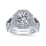 Gabriel & Co. Mildred ER13974R6W83SA – Art Deco 18K White Gold Octagonal Three-Stone Halo Round Sapphire & Diamond Engagement Ring