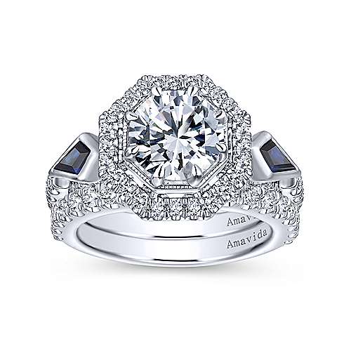Gabriel & Co. Mildred ER13974R6W83SA – Art Deco 18K White Gold Octagonal Three-Stone Halo Round Sapphire & Diamond Engagement Ring