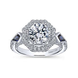 Gabriel & Co. Mildred ER13974R6W83SA – Art Deco 18K White Gold Octagonal Three-Stone Halo Round Sapphire & Diamond Engagement Ring