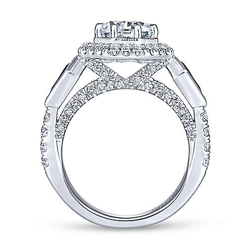 Gabriel & Co. Mildred ER13974R6W83SA – Art Deco 18K White Gold Octagonal Three-Stone Halo Round Sapphire & Diamond Engagement Ring