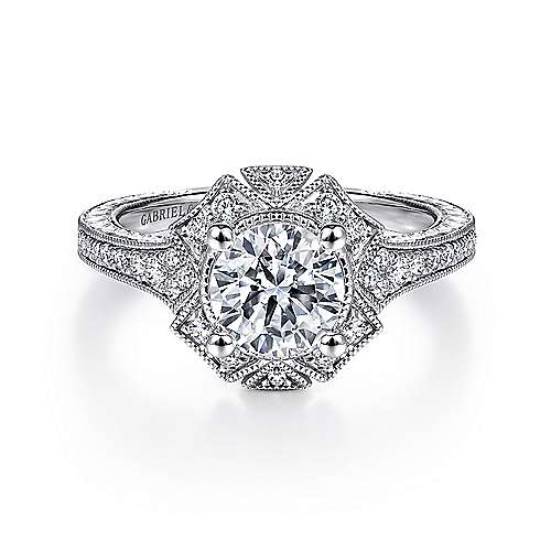 Gabriel & Co. R14444R4W44JJ Providence – Unique 14K White Gold Art Deco Halo Diamond Engagement Ring