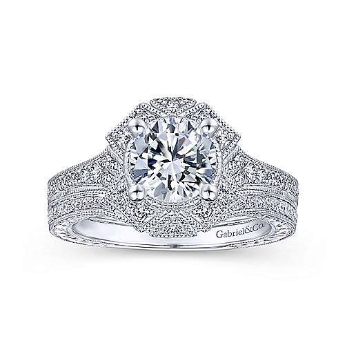 Gabriel & Co. R14444R4W44JJ Providence – Unique 14K White Gold Art Deco Halo Diamond Engagement Ring