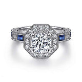 Gabriel & Co. R14494R4W44SA Rain – Art Deco 14K White Gold Octagonal Halo Round Sapphire and Diamond Engagement Ring