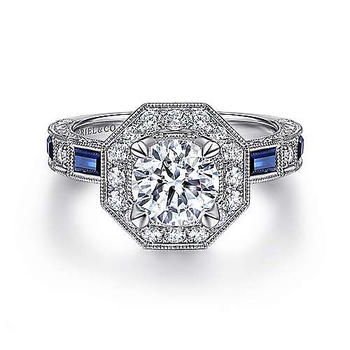 Gabriel & Co. R14494R4W44SA Rain – Art Deco 14K White Gold Octagonal Halo Round Sapphire and Diamond Engagement Ring