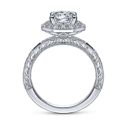 Gabriel & Co. R14494R4W44SA Rain – Art Deco 14K White Gold Octagonal Halo Round Sapphire and Diamond Engagement Ring