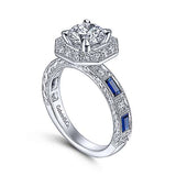 Gabriel & Co. R14494R4W44SA Rain – Art Deco 14K White Gold Octagonal Halo Round Sapphire and Diamond Engagement Ring