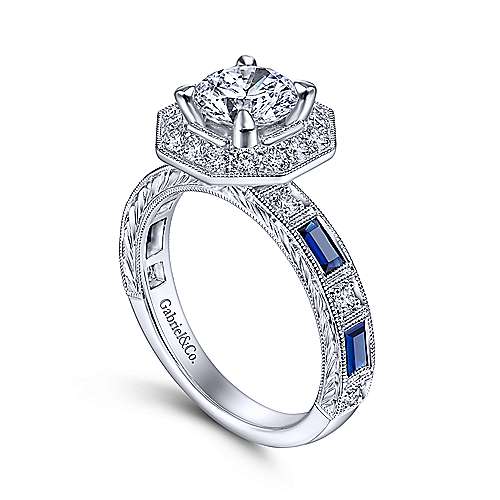 Gabriel & Co. R14494R4W44SA Rain – Art Deco 14K White Gold Octagonal Halo Round Sapphire and Diamond Engagement Ring