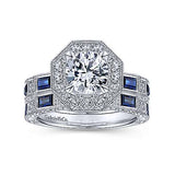Gabriel & Co. R14494R4W44SA Rain – Art Deco 14K White Gold Octagonal Halo Round Sapphire and Diamond Engagement Ring