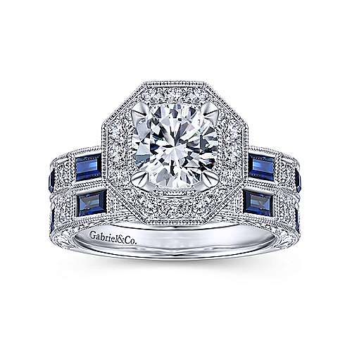 Gabriel & Co. R14494R4W44SA Rain – Art Deco 14K White Gold Octagonal Halo Round Sapphire and Diamond Engagement Ring