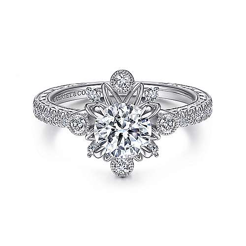 Gabriel & Co. ER14769R3W44JJ Alessia – 14K White Gold Starburst Halo Round Diamond Engagement Ring