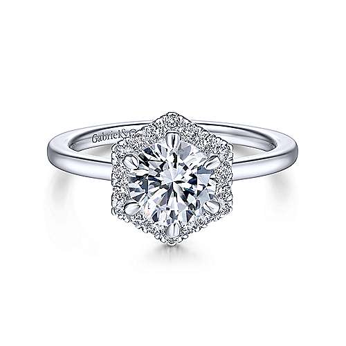 Gabriel & Co. Valor ER14788R4W44JJ – 14K White Gold Hexagonal Halo Round Diamond Engagement Ring