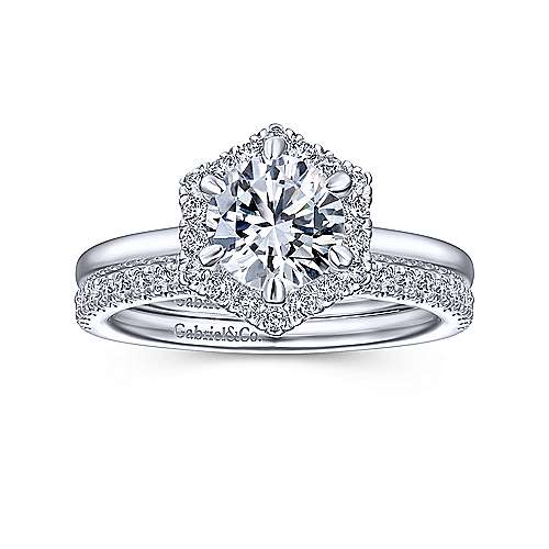 Gabriel & Co. Valor ER14788R4W44JJ – 14K White Gold Hexagonal Halo Round Diamond Engagement Ring