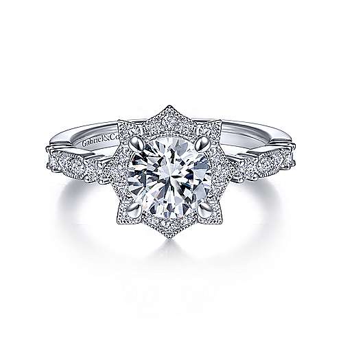 Gabriel & Co. Pietra ER15229R4W44JJ – Vintage Inspired 14K White Gold Fancy Halo Round Diamond Engagement Ring