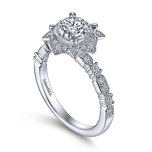 Gabriel & Co. Pietra ER15229R4W44JJ – Vintage Inspired 14K White Gold Fancy Halo Round Diamond Engagement Ring