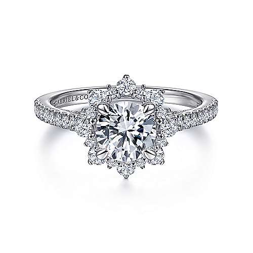 Gabriel & Co. Rosetta ER15242R4W44JJ – 14K White Gold Floral Halo Round Diamond Engagement Ring