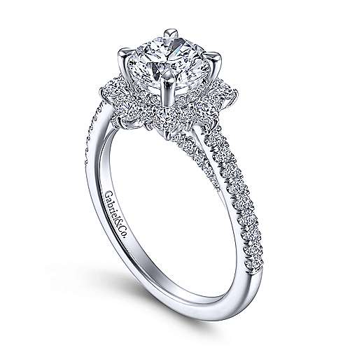 Gabriel & Co. Rosetta ER15242R4W44JJ – 14K White Gold Floral Halo Round Diamond Engagement Ring