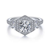 Gabriel & Co. Terza ER15275R4W44JJ – Art Deco 14K White Gold Hexagonal Halo Round Three-Stone Diamond Engagement Ring