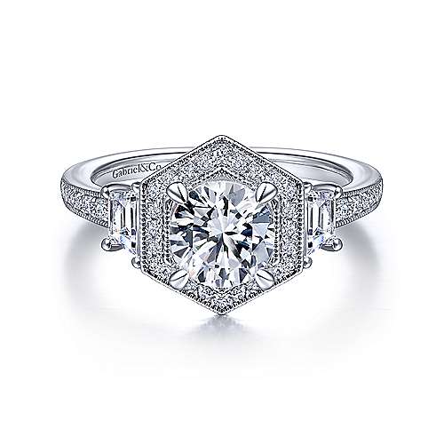 Gabriel & Co. Terza ER15275R4W44JJ – Art Deco 14K White Gold Hexagonal Halo Round Three-Stone Diamond Engagement Ring