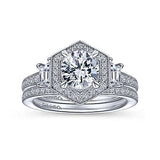 Gabriel & Co. Terza ER15275R4W44JJ – Art Deco 14K White Gold Hexagonal Halo Round Three-Stone Diamond Engagement Ring