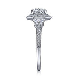 Gabriel & Co. Terza ER15275R4W44JJ – Art Deco 14K White Gold Hexagonal Halo Round Three-Stone Diamond Engagement Ring