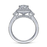 Gabriel & Co. Terza ER15275R4W44JJ – Art Deco 14K White Gold Hexagonal Halo Round Three-Stone Diamond Engagement Ring