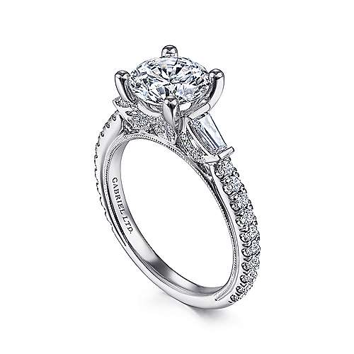 Gabriel & Co. R15353R6W83JJ Yanna – Vintage Inspired 18K White Gold Round Three Stone Diamond Engagement Ring