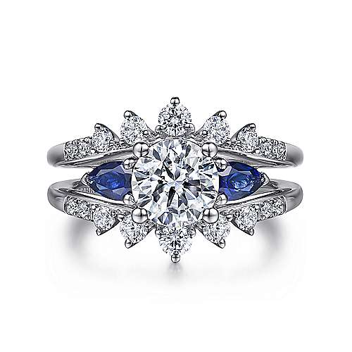 Harmony - 14K White Gold Round Three Stone Sapphire and Diamond Engagement Ring