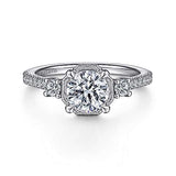 Gabriel & Co. Heather ER15588R4W44JJ – Art Deco 14K White Gold Round Three-Stone Diamond Engagement Ring