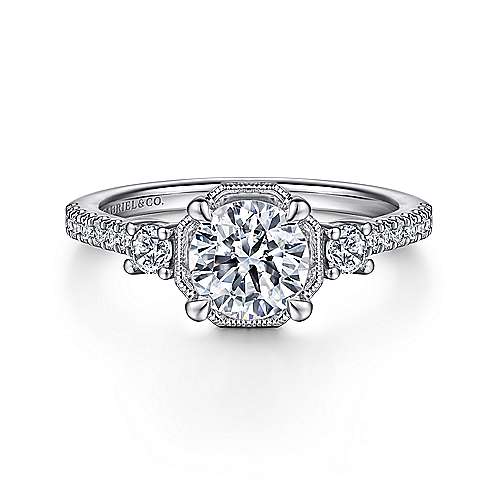 Gabriel & Co. Heather ER15588R4W44JJ – Art Deco 14K White Gold Round Three-Stone Diamond Engagement Ring