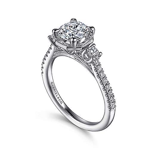 Gabriel & Co. Heather ER15588R4W44JJ – Art Deco 14K White Gold Round Three-Stone Diamond Engagement Ring
