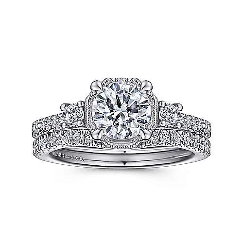 Gabriel & Co. Heather ER15588R4W44JJ – Art Deco 14K White Gold Round Three-Stone Diamond Engagement Ring
