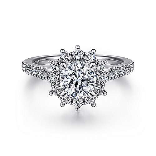 Gabriel & Co. Hibiscus ER15590R4W44JJ – 14K White Gold Fancy Halo Round Diamond Engagement Ring