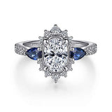 Gabriel & Co. June ER15608O4W44SA – 14K White Gold Fancy Three-Stone Halo Sapphire & Diamond Engagement Ring