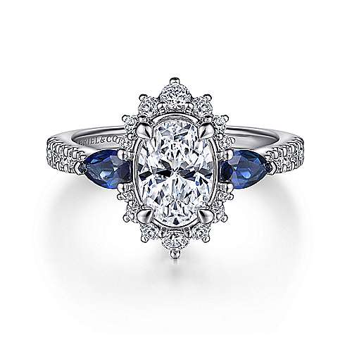Gabriel & Co. June ER15608O4W44SA – 14K White Gold Fancy Three-Stone Halo Sapphire & Diamond Engagement Ring