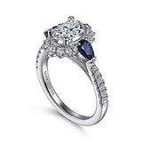 Gabriel & Co. June ER15608O4W44SA – 14K White Gold Fancy Three-Stone Halo Sapphire & Diamond Engagement Ring