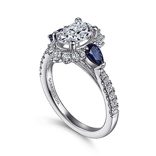 Gabriel & Co. June ER15608O4W44SA – 14K White Gold Fancy Three-Stone Halo Sapphire & Diamond Engagement Ring