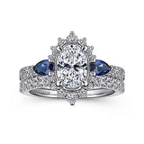 Gabriel & Co. June ER15608O4W44SA – 14K White Gold Fancy Three-Stone Halo Sapphire & Diamond Engagement Ring