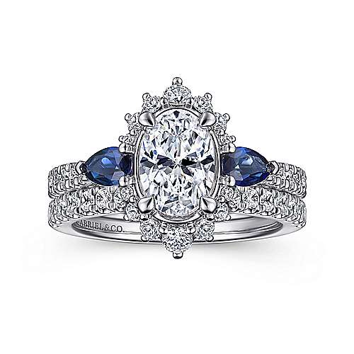 Gabriel & Co. June ER15608O4W44SA – 14K White Gold Fancy Three-Stone Halo Sapphire & Diamond Engagement Ring