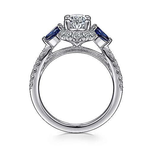 Gabriel & Co. June ER15608O4W44SA – 14K White Gold Fancy Three-Stone Halo Sapphire & Diamond Engagement Ring