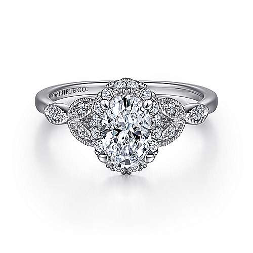 Gabriel & Co. Katriane ER15611O3W44JJ – Vintage Inspired 14K White Gold Oval Halo Diamond Engagement Ring