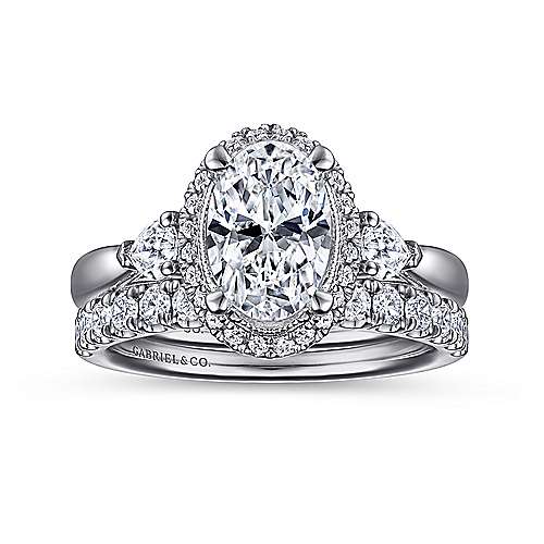 Gabriel & Co. Leila ER15625O6W44JJ – 14K White Gold Oval Halo Diamond Engagement Ring with Pear Side Stones