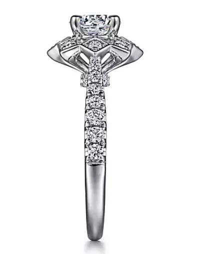 Tria - Art Deco Inspired 14K White Gold Floral Halo Round Diamond Engagement Ring