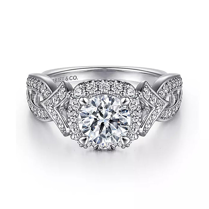 Gabriel & Co. Ensley ER15813R4W44JJ – Art Deco Inspired 14K White Gold Halo Diamond Engagement Ring