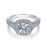 Gabriel & Co. ER7293W44JJ – Vintage Inspired 14K White Gold Cushion Halo Round Diamond Engagement Ring (Setting Only)