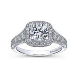 Gabriel & Co. ER7293W44JJ – Vintage Inspired 14K White Gold Cushion Halo Round Diamond Engagement Ring (Setting Only)
