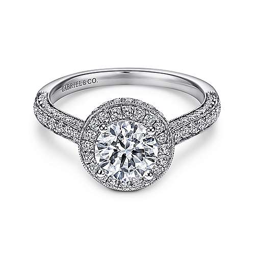 Gabriel & Co. Celestina ER7489W44JJ – Vintage Inspired 14K White Gold Round Halo Diamond Engagement Ring