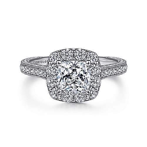 Gabriel & Co. Zelda ER7500W44JJ – Vintage Inspired 14K White Gold Cushion Halo Diamond Engagement Ring