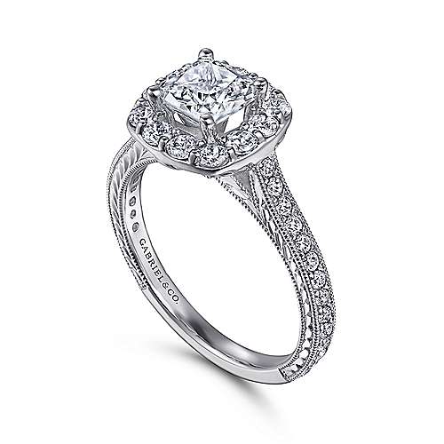 Gabriel & Co. Zelda ER7500W44JJ – Vintage Inspired 14K White Gold Cushion Halo Diamond Engagement Ring