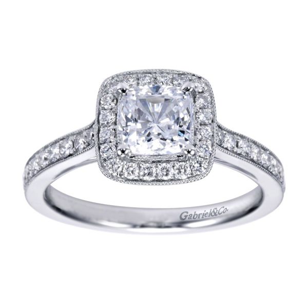 Gabriel & Co. ER7527W44JJ 14K White Gold Cushion Halo Engagement Ring – Victorian Vintage Semi-Mount
