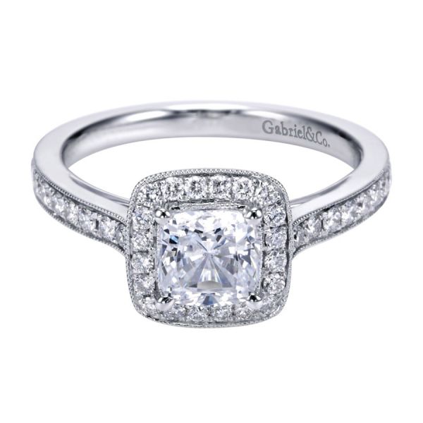 Gabriel & Co. ER7527W44JJ 14K White Gold Cushion Halo Engagement Ring – Victorian Vintage Semi-Mount
